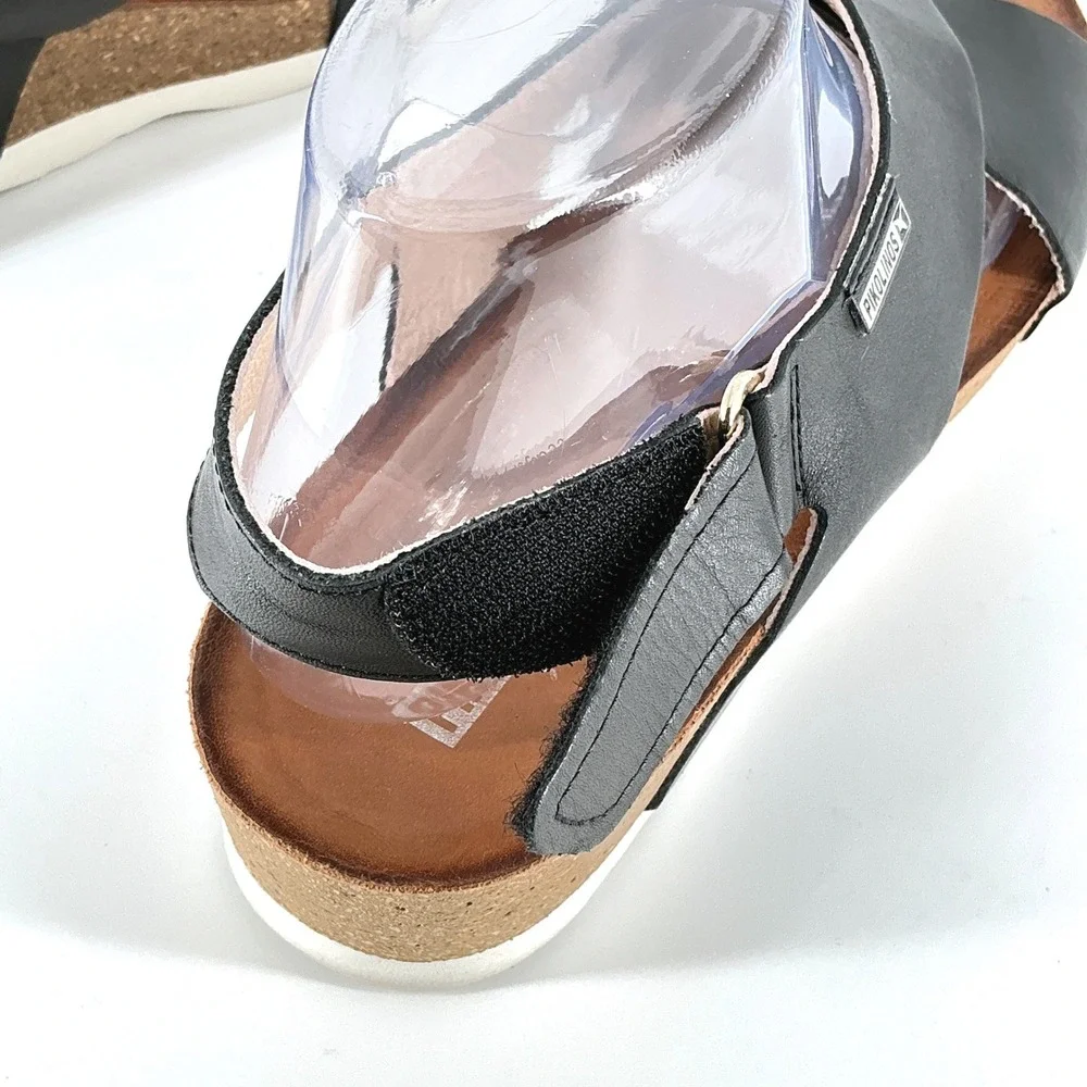 Pikolinos Black Size 9.5 Leather Crisscross Wedge Slingback Sandals Mahon Spain - Picture 9 of 13